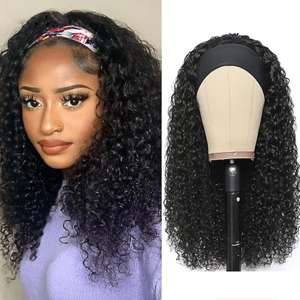 abigailandbleu Headband Wig Human Hair Deep Wave 16 Inch Curly Headband Wig